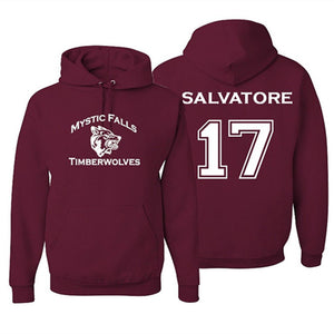 Mystic Falls Timberwolves Vampire Diaries Salvatore 17 Hoodie Women Pullovers Sweatshirt Fleece Femme Hoodie Maroon Asia Size