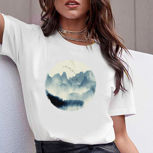 Women Tshirts Clothes Tshirt Fashion morning mountain bird Summer Casual Female T-shirt  Woman Tee Ladies Short Sleeve T Top