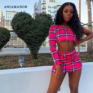 ANJAMANOR Plaid Print Sexy Two Piece Set One Shoulder Long Sleeve Crop Top Skirt Matching Sets Club Outfits Spring 2020 D99-AC72