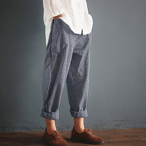Striped Pockets Loose Cotton Linen Long Harem Pants Women Elastic Waist Casual Overalls Loose Sport Trousers