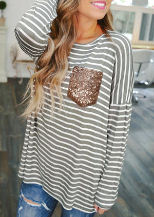Women Striped Sequined Pocket Full Long Sleeve T-Shirt Tee Spring Fall Femme Casual Harajuku Ulzzang Tank Ladies Korean Style