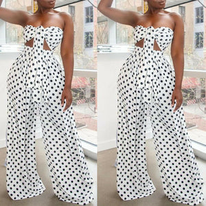 2 Piece Outfits for Women Polka Dot Knot Front Strapless Bandeau Crop Top Wide Leg Long Pants Summer Beach Jumpsuits