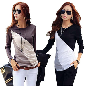 Tee Shirt Long Sleeve Round Neck Women Tee Shirt 2019 Fall Winter Slim Korean Patchwork Tops Tee Plus Size Cotton Women Clothing
