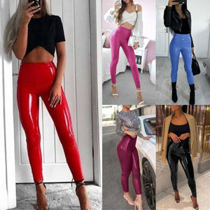2019 NEW Fashion Women's Wet Look Stretchy Pants Solid Red Faux Leather Skinny Leggings Pencil Trousers