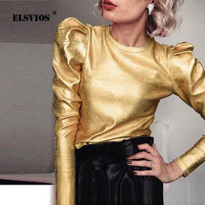 Gold Velvet Puff Long Sleeve Blouse Casual Shirt Women Spring O Neck Slim Fit Tops Fashion Streetwear Autumn Blouse Dropshipping