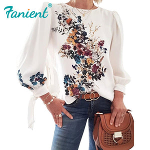 Women Flora Printed Long Sleeve Loose Style Pullover Blouse Chic Casual Spring Fall Fashion New Top Vintage Women's Blouse Shirt