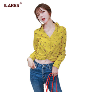 ILARES Blouse Women Womens tops and blouses Plus size shirt vintage printing Sexy Exposed navel clothes ladies long sleeve top