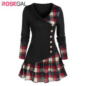 ROSEGAL Plaid Print Mock Button V Neck Layered T-Shirt Full Sleeve Women Tops Tee Fall Winter Long Style Faux Twinset T-Shirts