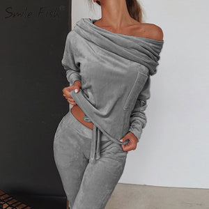 Winter Warm Soft Velvet Tracksuits Women's Sets Slash Neck Top Slim Long Pants Autumn Female Casual Two Piece Sets Outfits GV961