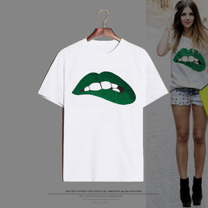 Woman Fashion Lips Print Tees Summer Short Sleeve T-shirt Female Funny Tops Summer White Tees