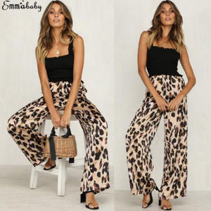 Hot Fashion Women Leopard Print Palazzo Wide Legs High Waist Flared Trousers Loose Long Pants Casual Autumn Outwear