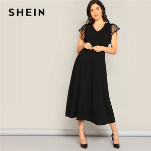 SHEIN Black Classy Dot Mesh Armhole Fit And Flare Summer Dress Women 2019 Elegant Solid V Neck High Waist Maxi Dress Party Dress