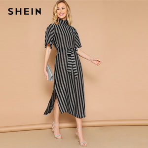 SHEIN Lady Silver Elegant Flutter Sleeve Split Side Glitter Striped Belted Dress Spring High Collar Short Sleeve Midi Dress