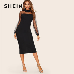 SHEIN Black Mesh Yoke Lantern Sleeve Slit Hem Pencil Bodycon Dress Women Spring Lace Stand Collar Solid Elegant Midi Dress