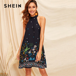 SHEIN Boho Navy Halter Tie Back Floral Print Halter Swing Summer Dress Women Sleeveless Trapeze Hem Elegant Straight Dresses