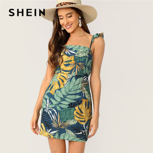 SHEIN Boho Beach Tie Back Tropical Print Ruffle Strap Mini Dress Women Summer Vacation Sleeveless Slim Backless Sexy Dress