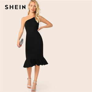 SHEIN Elegant Party Black One Shoulder Pep Hem Summer Bodycon Midi Dress Women Summer 2019 Sleeveless Solid Slim Dresses