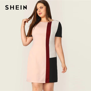 SHEIN Plus Size Multicolor Colorblock Tunic Dress 2019 Women Summer Causal Straight Shift Short Sleeve Big Size  Mini Dresses