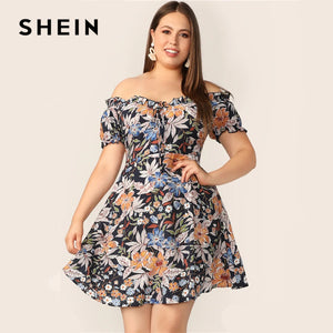 SHEIN Plus Size Multicolor Frilled Off Shoulder Botanical Floral Print Dress 2019 Women Summer Boho Fit and Flare A Line Dresses