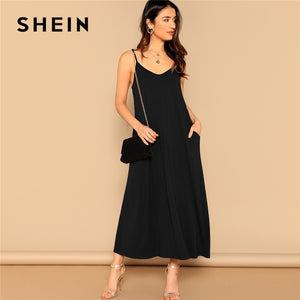 SHEIN Pocket Patched Swing Cami Summer Dress Women Clothes 2019 Solid Casual Sleeveless Straight Maxi Dress Ladies Black Dress