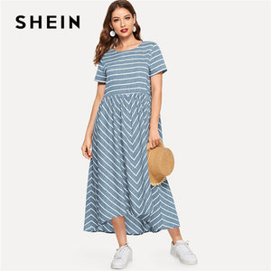 SHEIN Striped Chevron Print Smock Maxi Dress Women Casual Short Sleeve Summer Dress Round Neck Cotton Lady A Line Long Dress