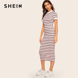 SHEIN Contrast Neck And Cuff Striped Pencil Dress 2019 Preppy Colorblock Stretchy Spring Autumn Bodycon Women Dresses