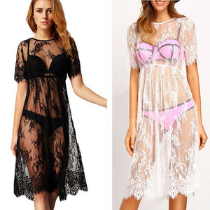 2019 western style Women's Large Size Sexy Perspective Mesh Air Dresses Lace Dress Sun Beach Black dress