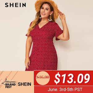 SHEIN Plus Size Burgundy Heart Print Ruffle Cuff Button Up Dress Women Summer Boho Straight Shift Tunic Flounce Sleeve Dresses