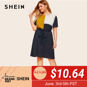 SHEIN Plus Size Waist Belted Color Block Dress Women Summer Tunic Short Sleeve Keen Length Casual Plus Shift Dresses With Belt