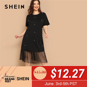 SHEIN Plus Size Casual Black Pearl Beading Partchwork Sheer Dot Mesh Hem Women Straight Dresses 2019 Summer Short Sleeve H Dress