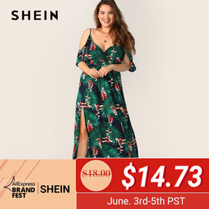 SHEIN Plus Size Multicolor Cold Shoulder Tropical Print Belted Split Maxi Dress 2019 Women Summer Boho Spaghetti A Line Dresses